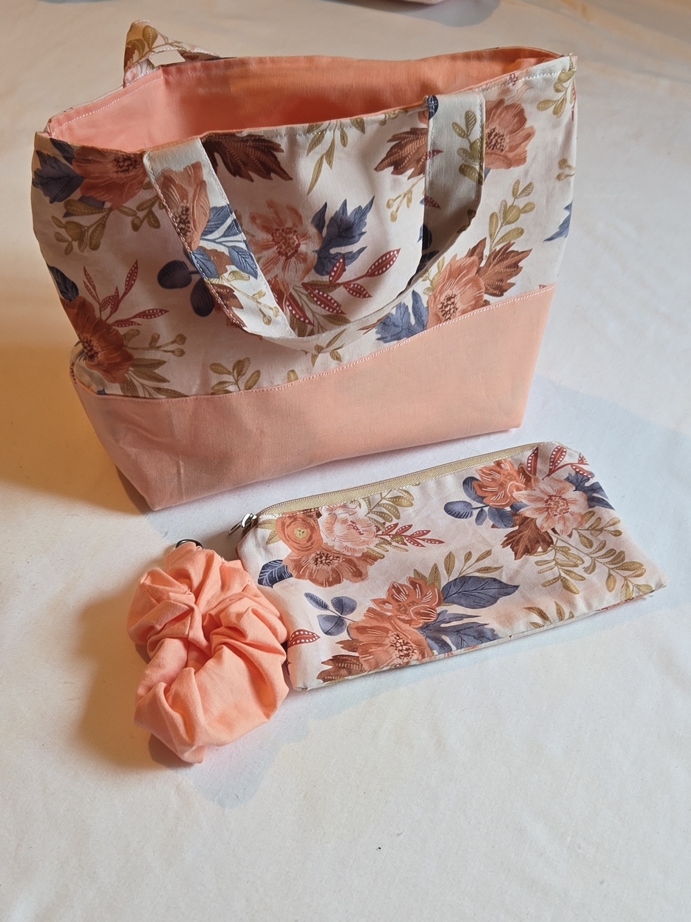 Floral Peach Canvas Tote with Matching Pouch and Scrunchie